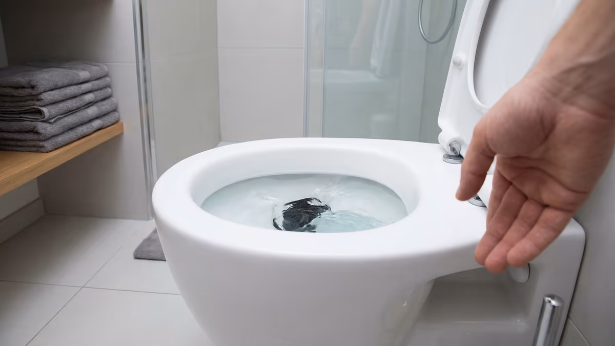 Vaso sanitário com objeto preso causando entupimento