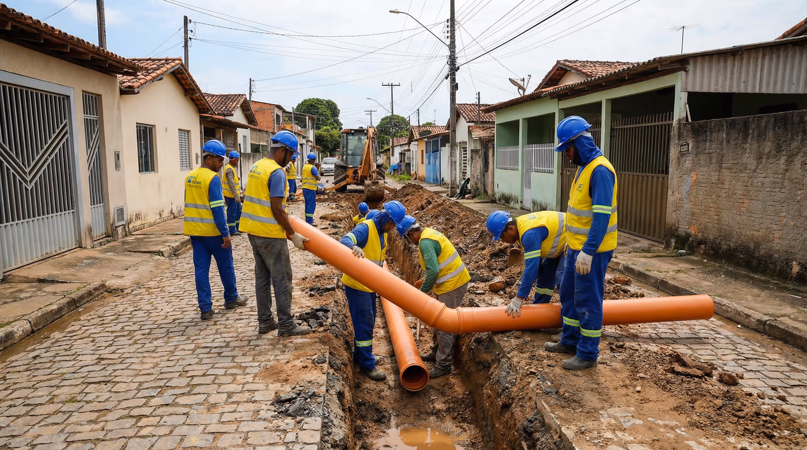 Equipe realizando obra de saneamento para resolver esgoto a céu aberto