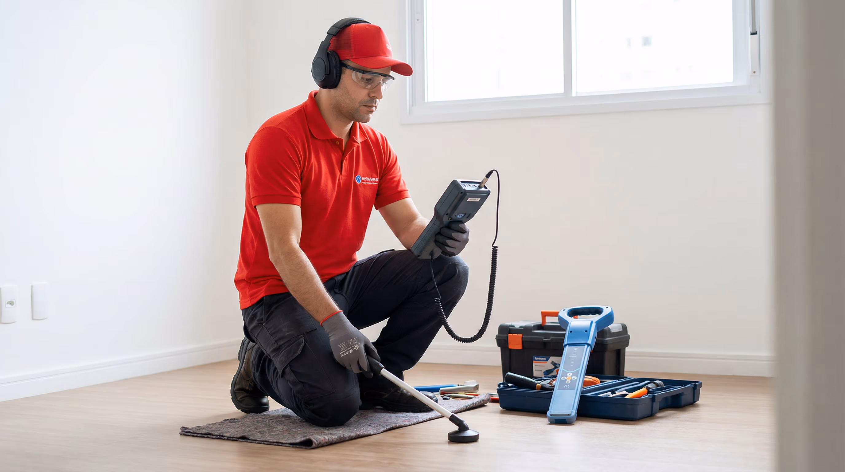 Técnico de caça vazamento com uniforme vermelho usando geofone no Pari