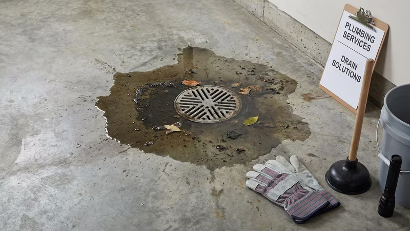 Ralo de garagem entupido com água acumulada