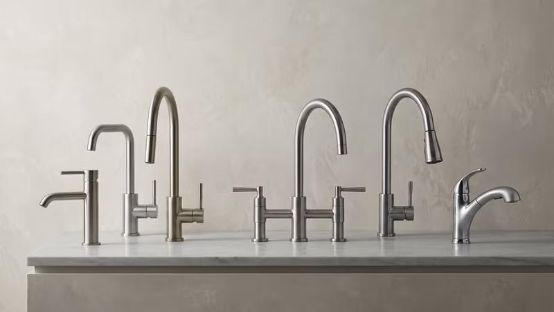 Diversos modelos de torneiras de cozinha modernas em aço inox