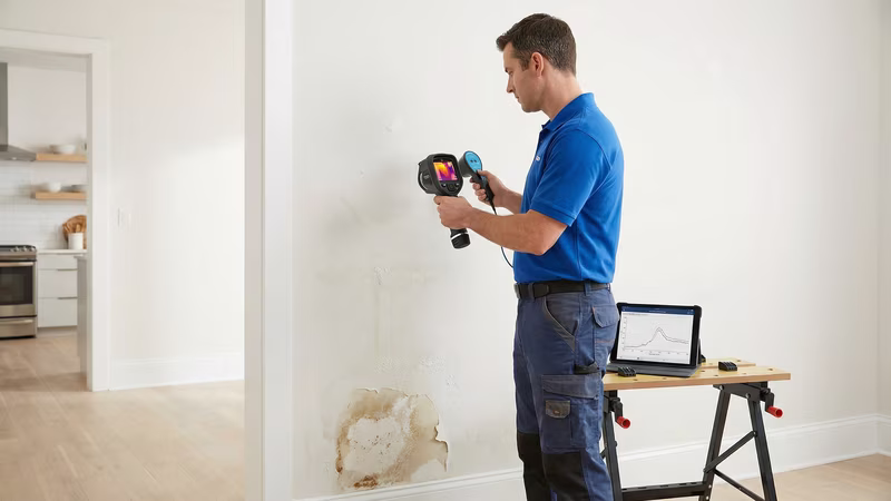 Técnico detectando vazamento de água com equipamento especializado