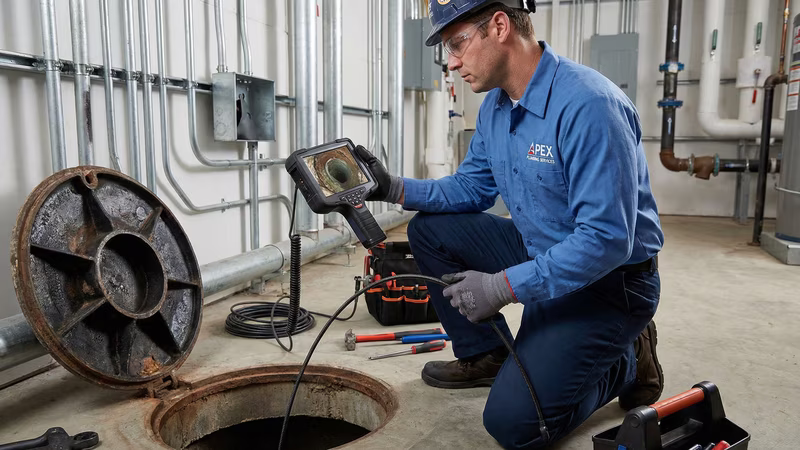 Técnico realizando vídeo inspeção de esgoto com câmera profissional