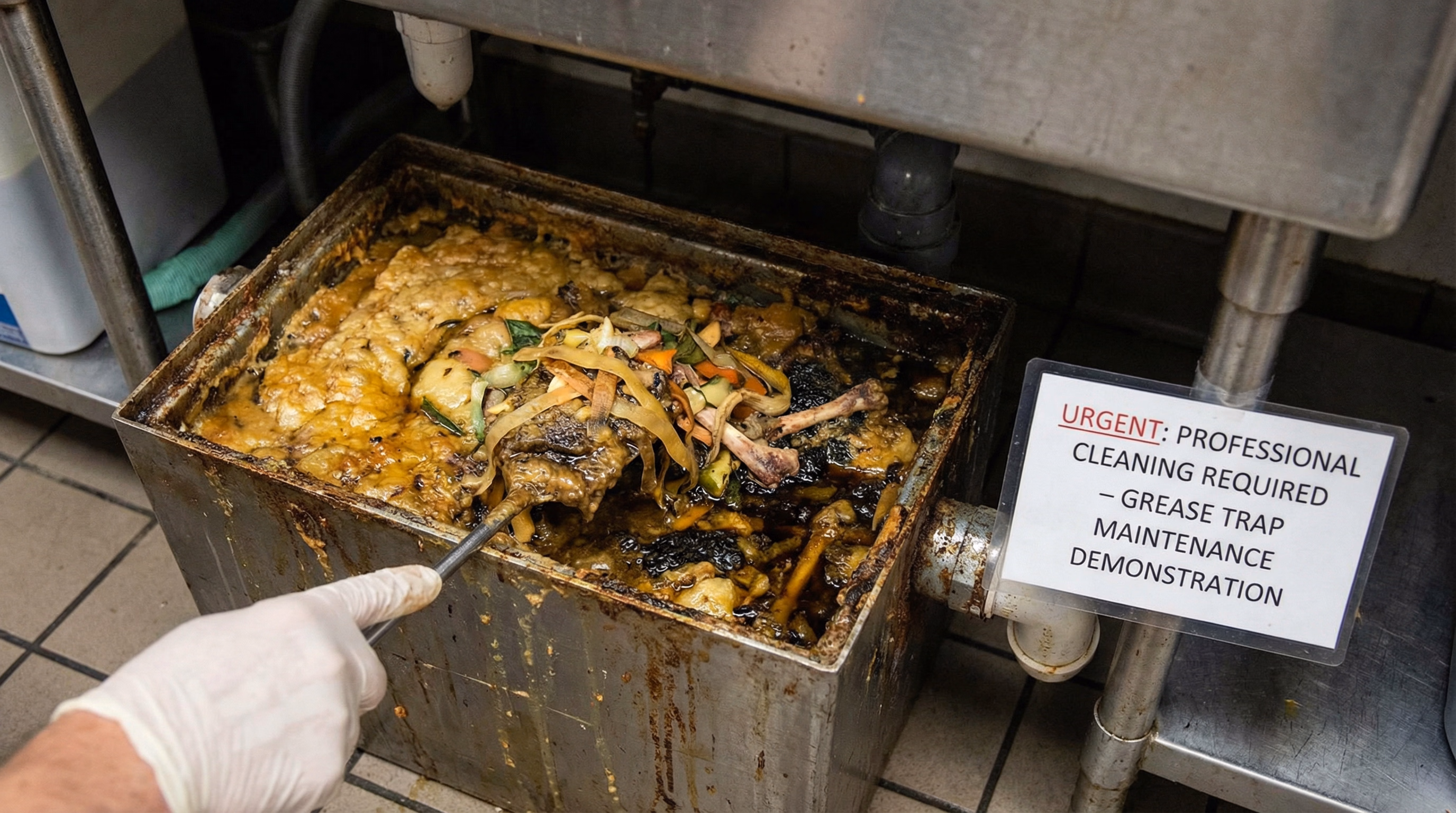 Caixa de gordura entupida com acúmulo de gordura e resíduos de alimentos