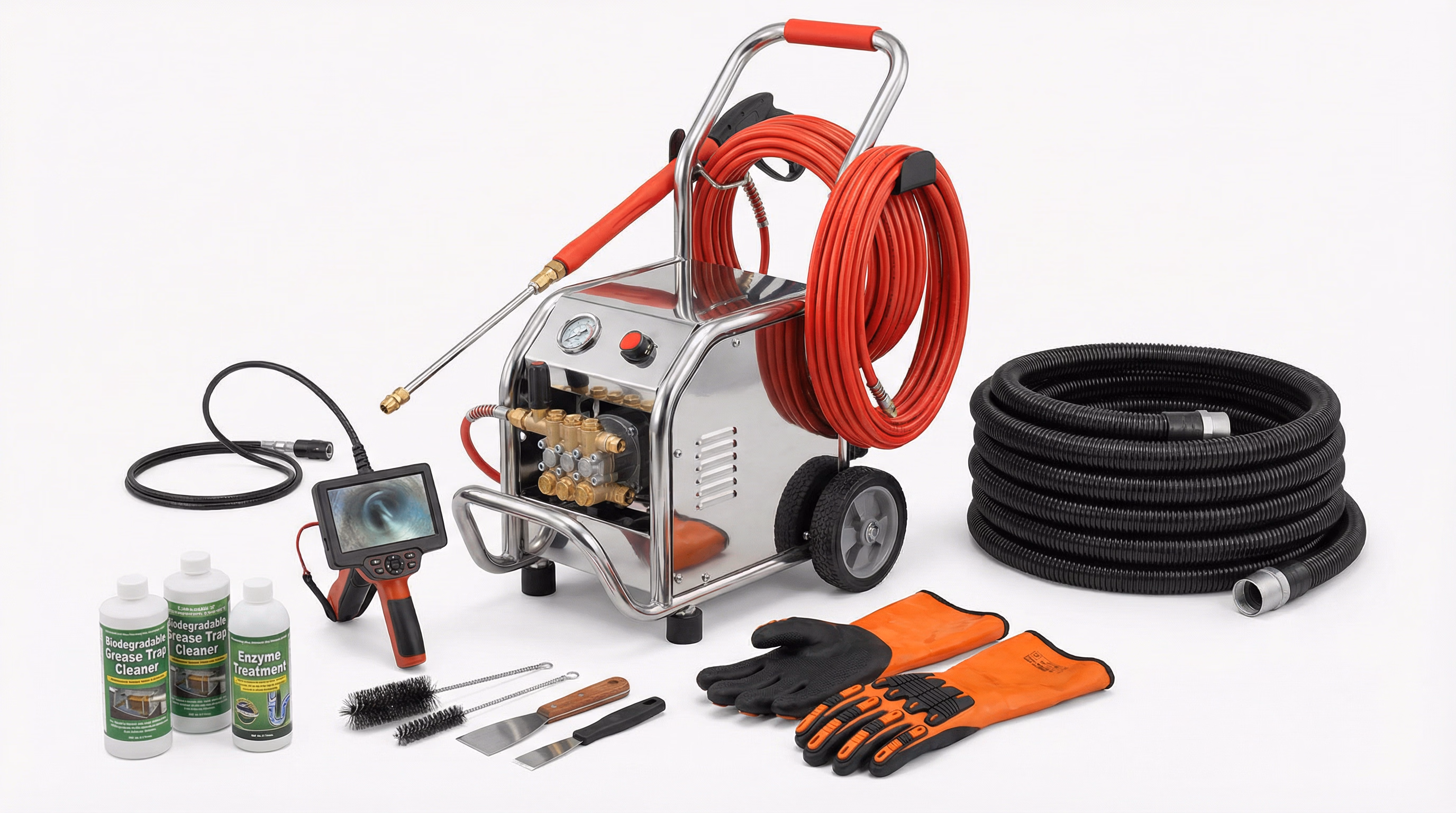 Equipamentos profissionais para limpeza de caixa de gordura: máquina de hidrojateamento, mangueira de sucção, câmera de inspeção e produtos biodegradáveis