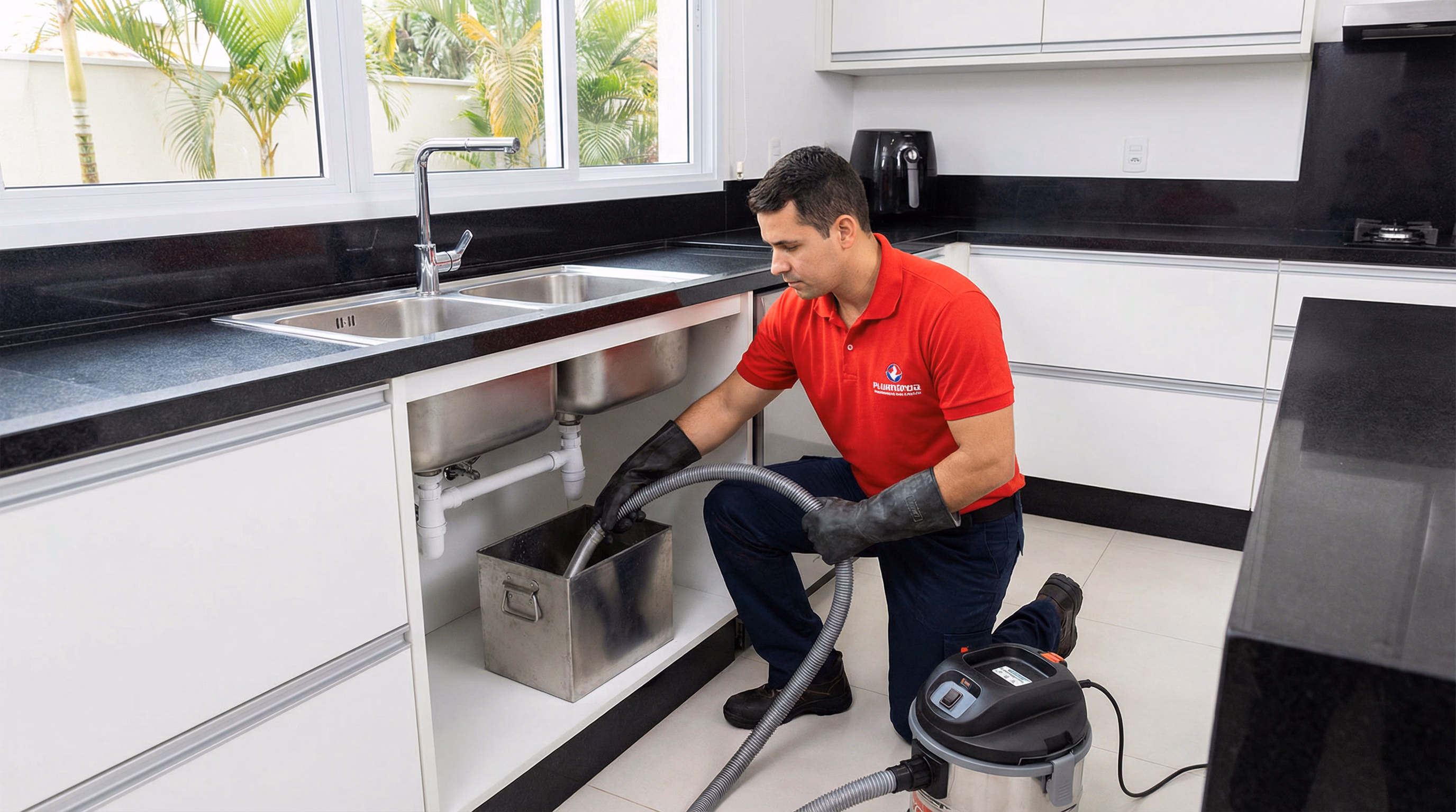 Técnico profissional realizando limpeza de caixa de gordura em cozinha residencial em São Paulo