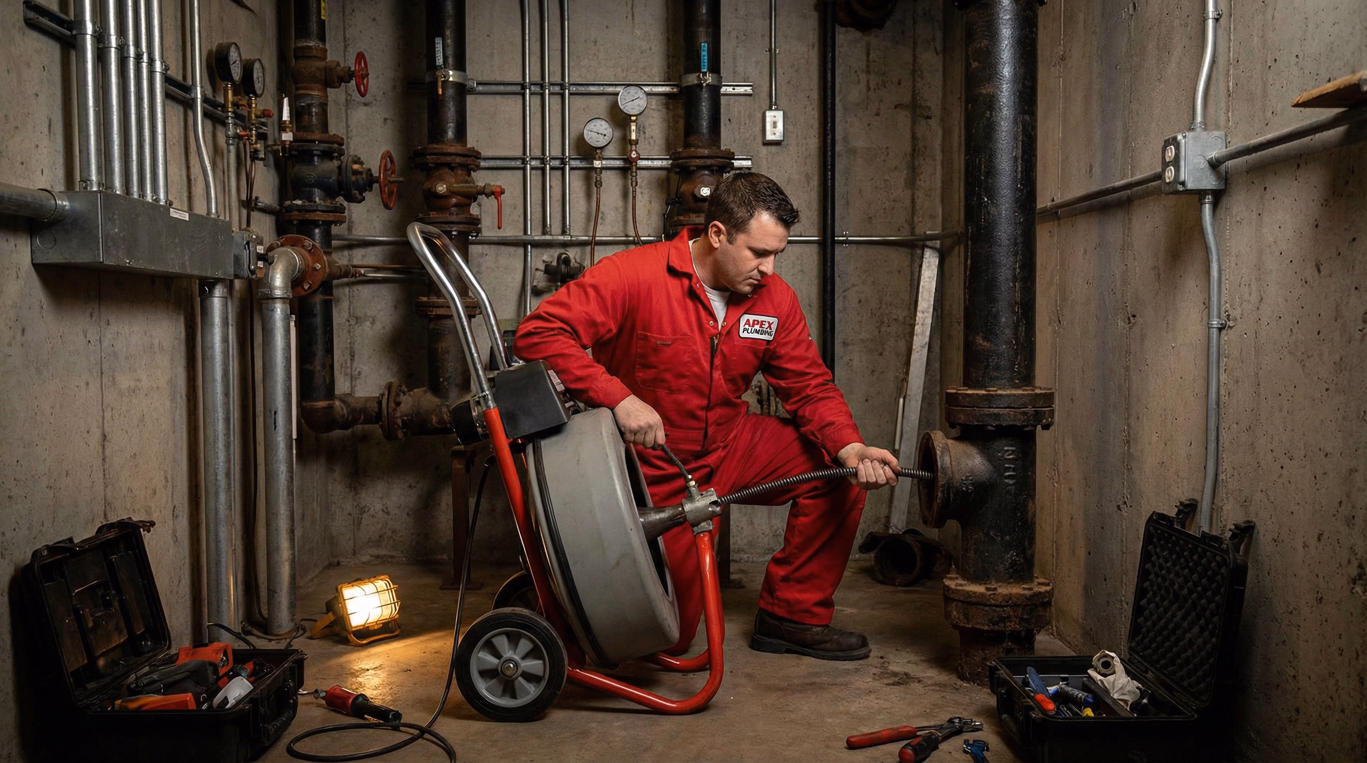 Técnico desentupindo coluna de esgoto em prédio