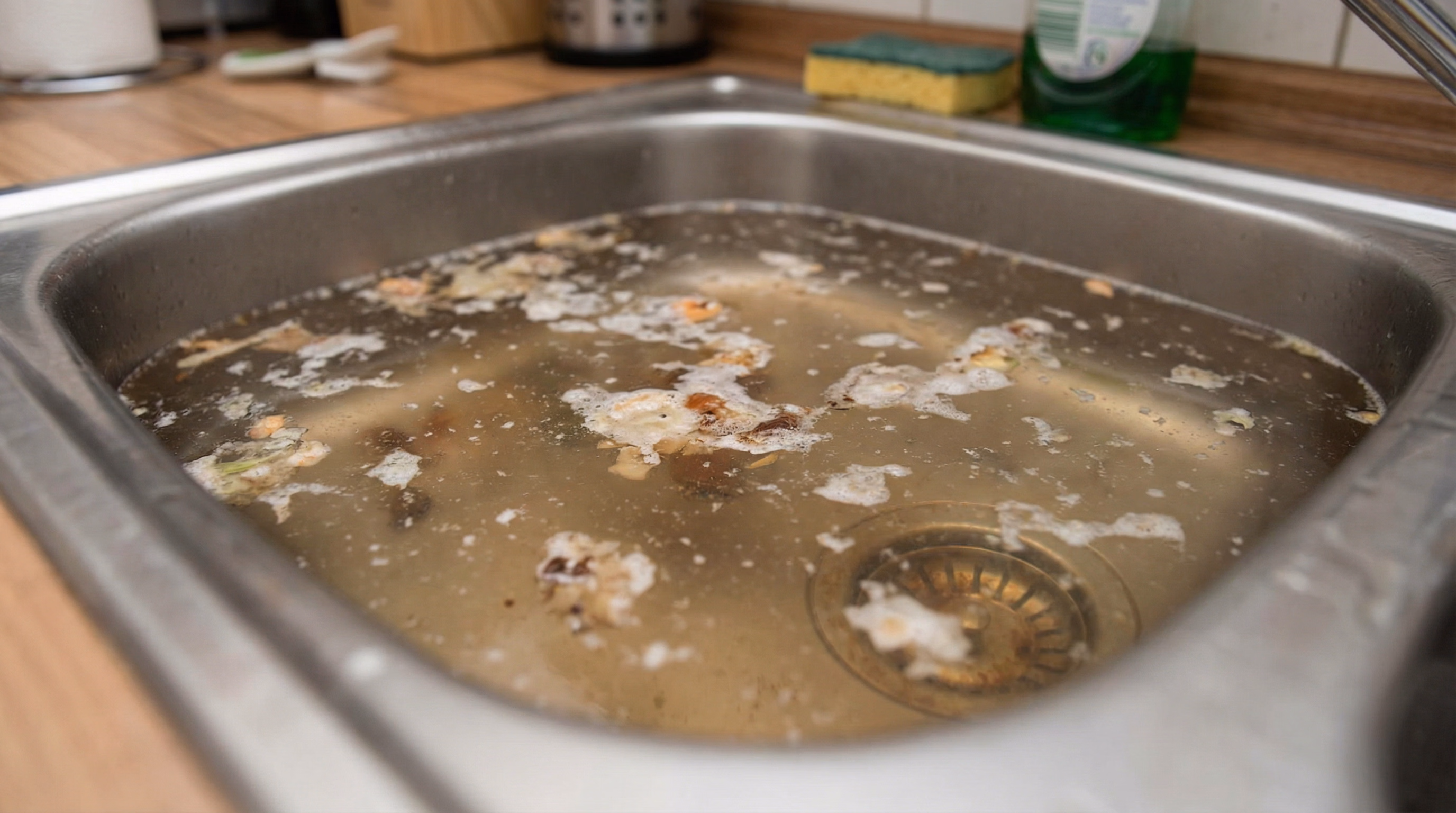 Pia de cozinha entupida com água parada