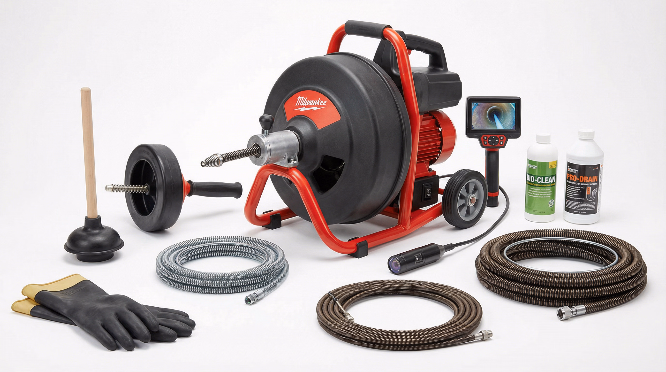 Equipamentos profissionais para desentupimento de ralo: máquina rotativa, cabos flexíveis, câmera de inspeção